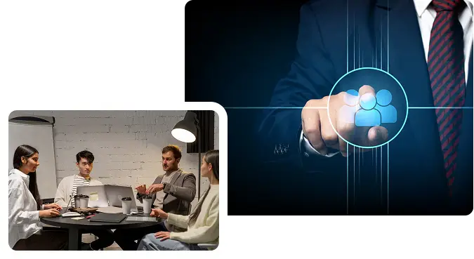 People collaborating at a table and a corporate hand selecting a 'user' icon, illustrating Carbon Cell's CBAM compliance and support services.