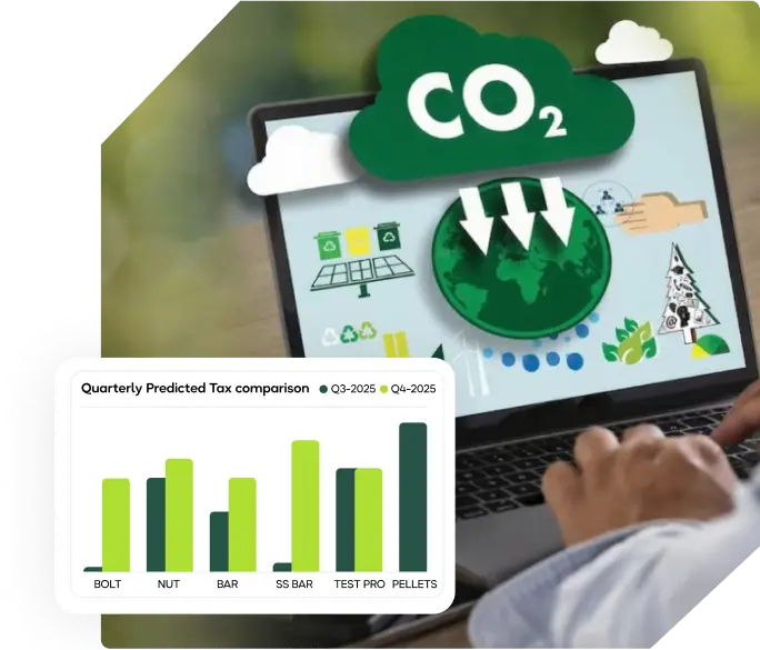 Person using a laptop displaying a carbon accounting dashboard with CO2 cloud icon, emissions data, and a floating revenue chart.