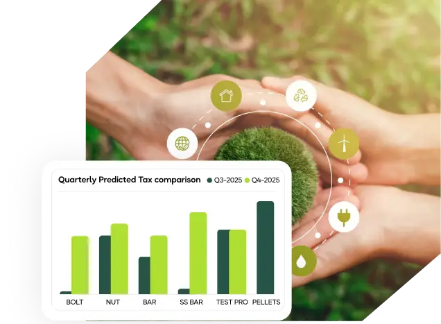 Hands holding a round ball of green moss, surrounded by circular icons representing energy, trade, and climate, illustrating CBAM's focus on embedded carbon emissions.