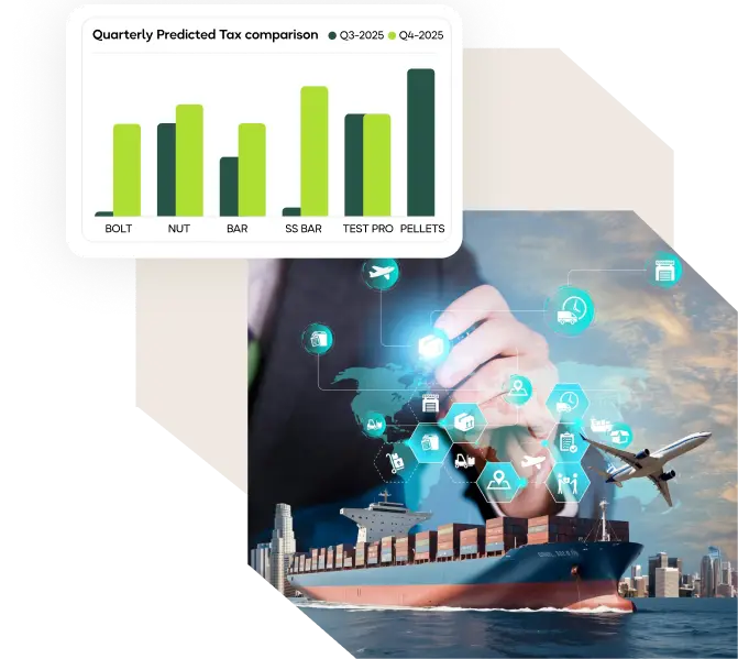 Digital overlay of business technology icons on a container ship at sea, combined with a revenue dashboard, illustrating the impact of CBAM on Thailand's export sector.