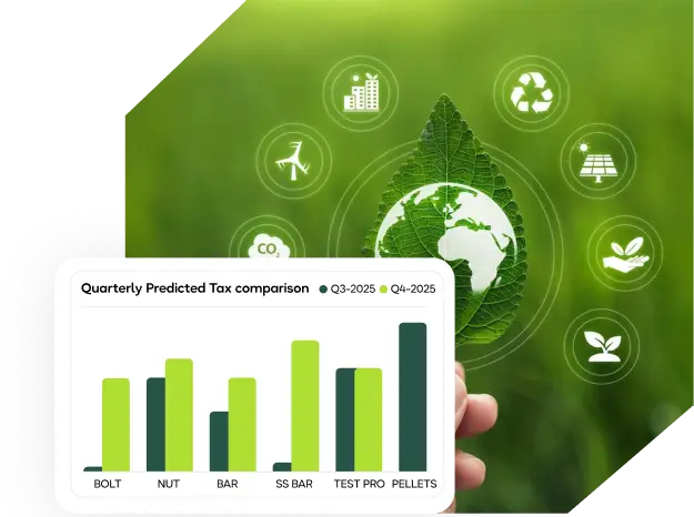 Hand holding a leaf with a globe and sustainability icons, representing the Carbon Border Adjustment Mechanism (CBAM) and its impact on emissions reporting and global trade.